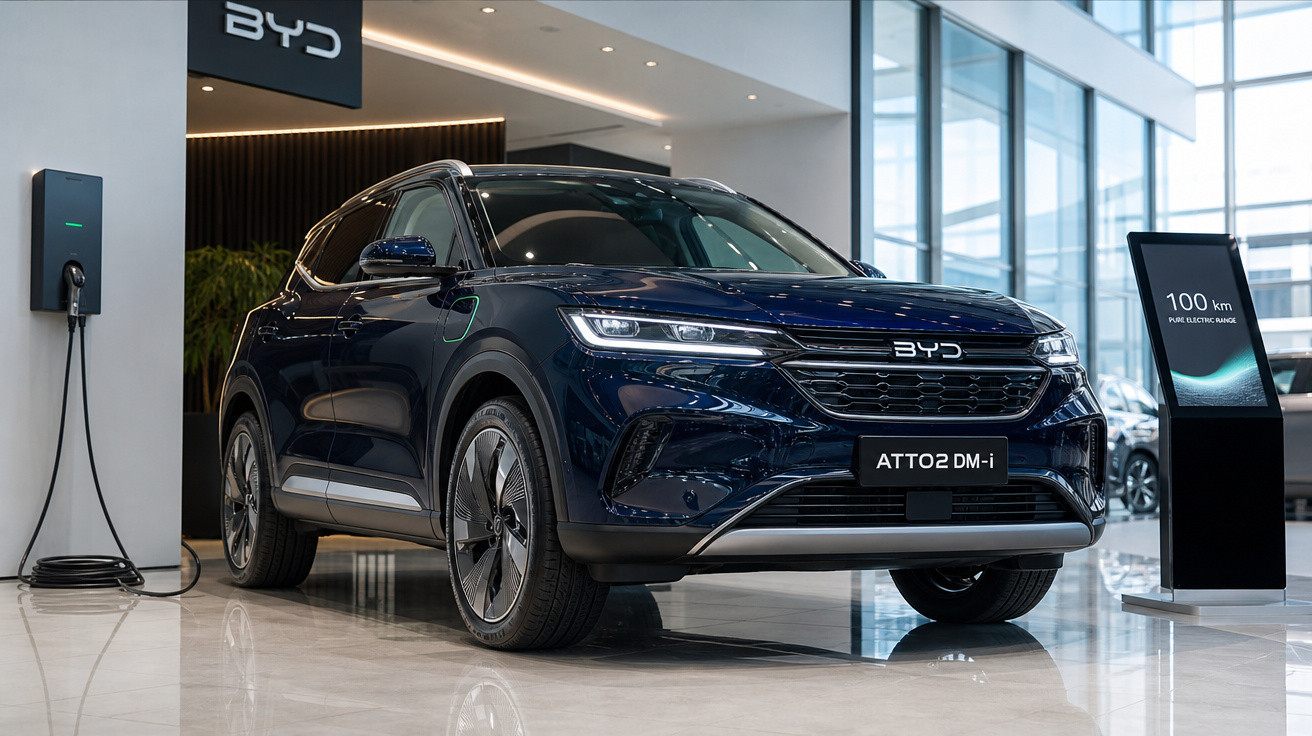 Carro elétrico BYD ATTO 2 DM-i azul escuro em showroom moderno com painel informativo ao lado.