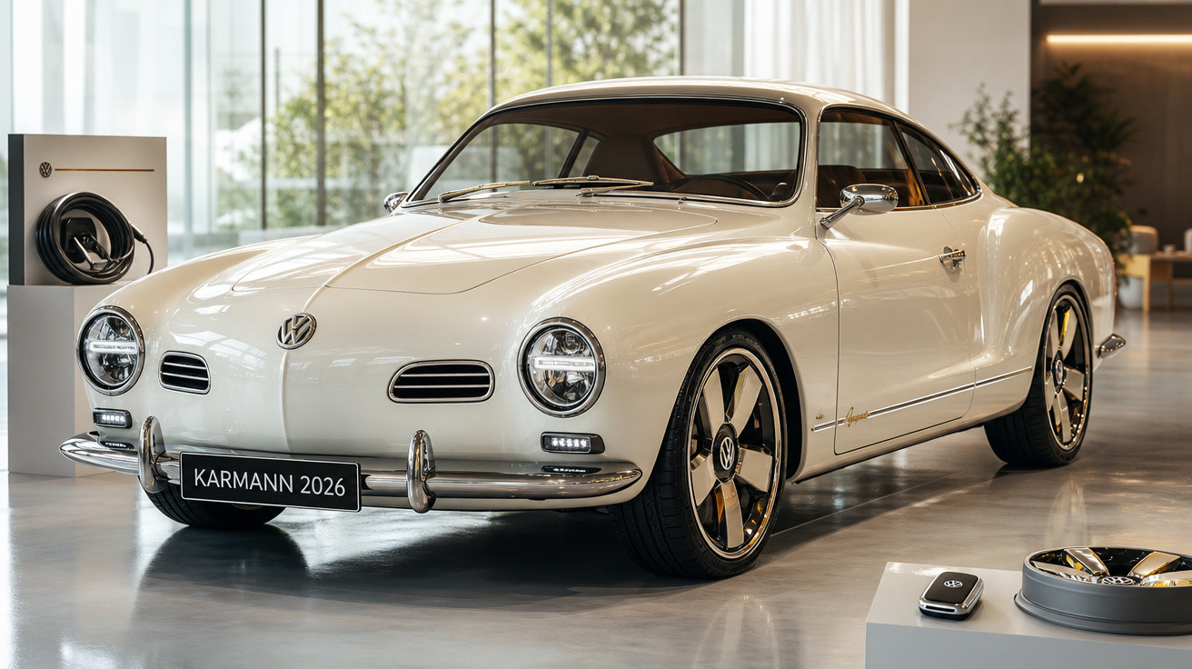 Carro elétrico branco Volkswagen Karmann 2026 exposto em ambiente moderno e iluminado.