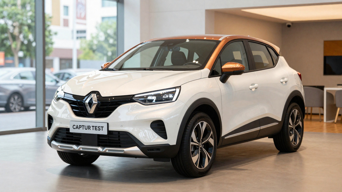 Carro branco Renault Captur Test com detalhes em laranja exposto em showroom moderno.