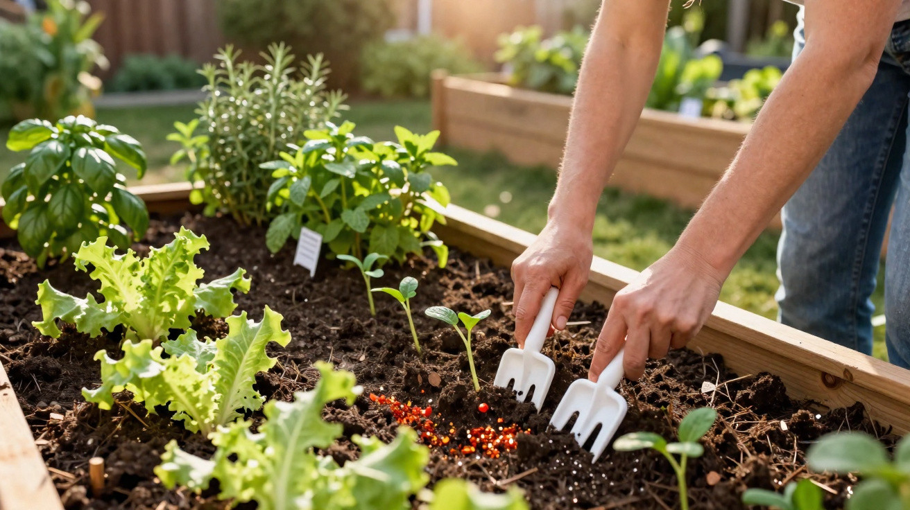 Pessoa usando duas pequenas enxadas para cultivar hortaliças em canteiro elevado ensolarado.
