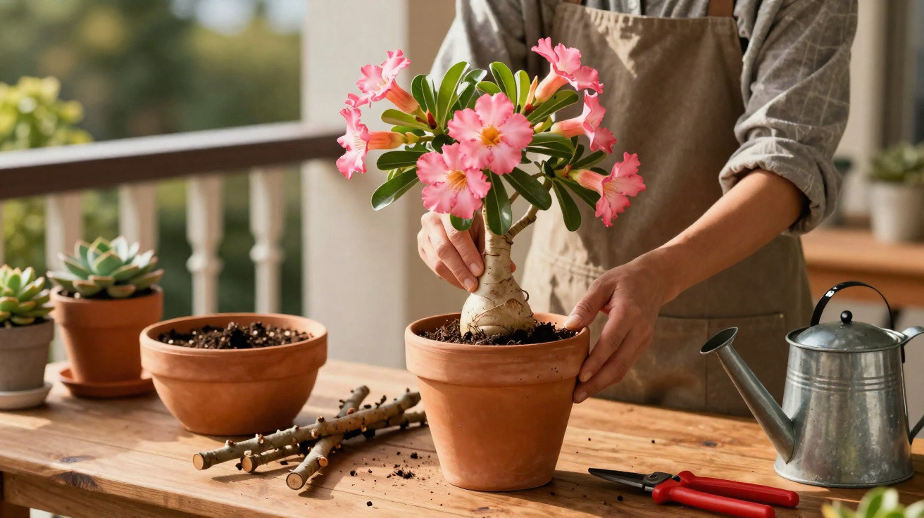 Pessoa cuidando de flor rosa em vaso de cerâmica sobre mesa de madeira com regador e vasos pequenos.