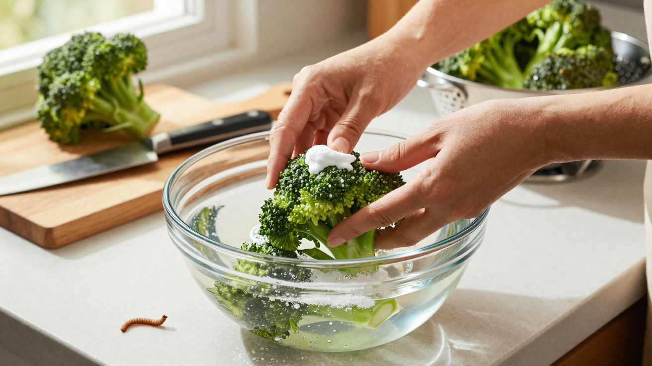 Mãos segurando brócolis em tigela de vidro com água e bicarbonato para higienizar na cozinha.