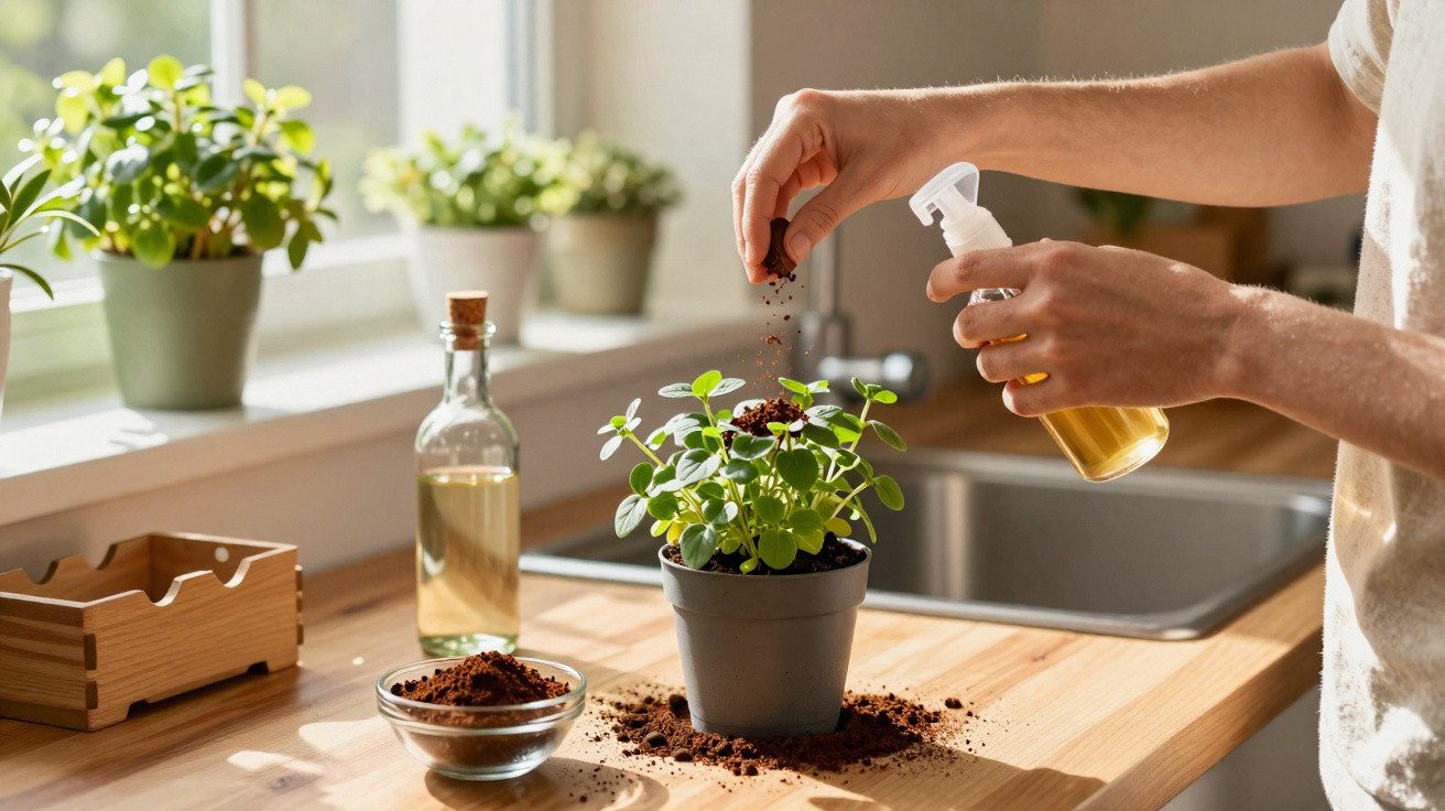 Pessoa cuidando de planta em vaso, adicionando terra e borrifando água na cozinha iluminada.
