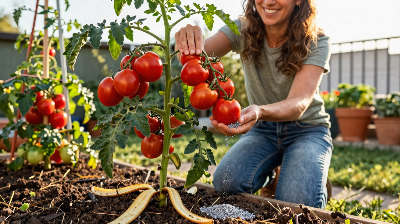 Mulher regando planta de tomate com adubo em horta caseira ao ar livre no jardim.