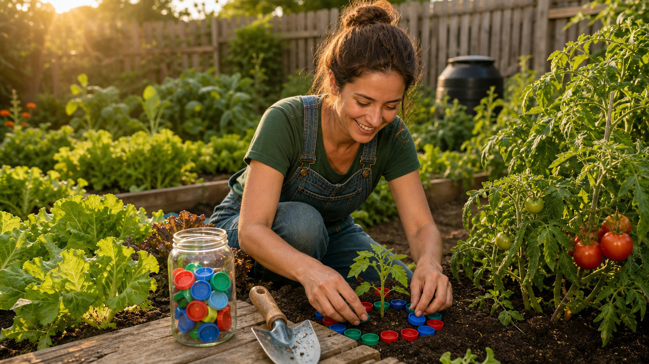 Mulher sorrindo cultiva planta em horta caseira, usando tampinhas coloridas para proteger muda no solo.