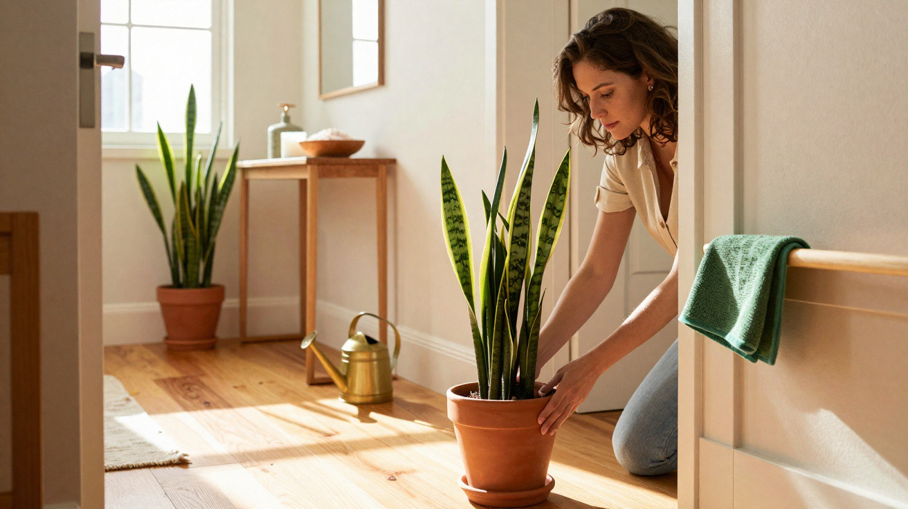 Mulher cuidando de planta em vaso de barro em ambiente interno bem iluminado.
