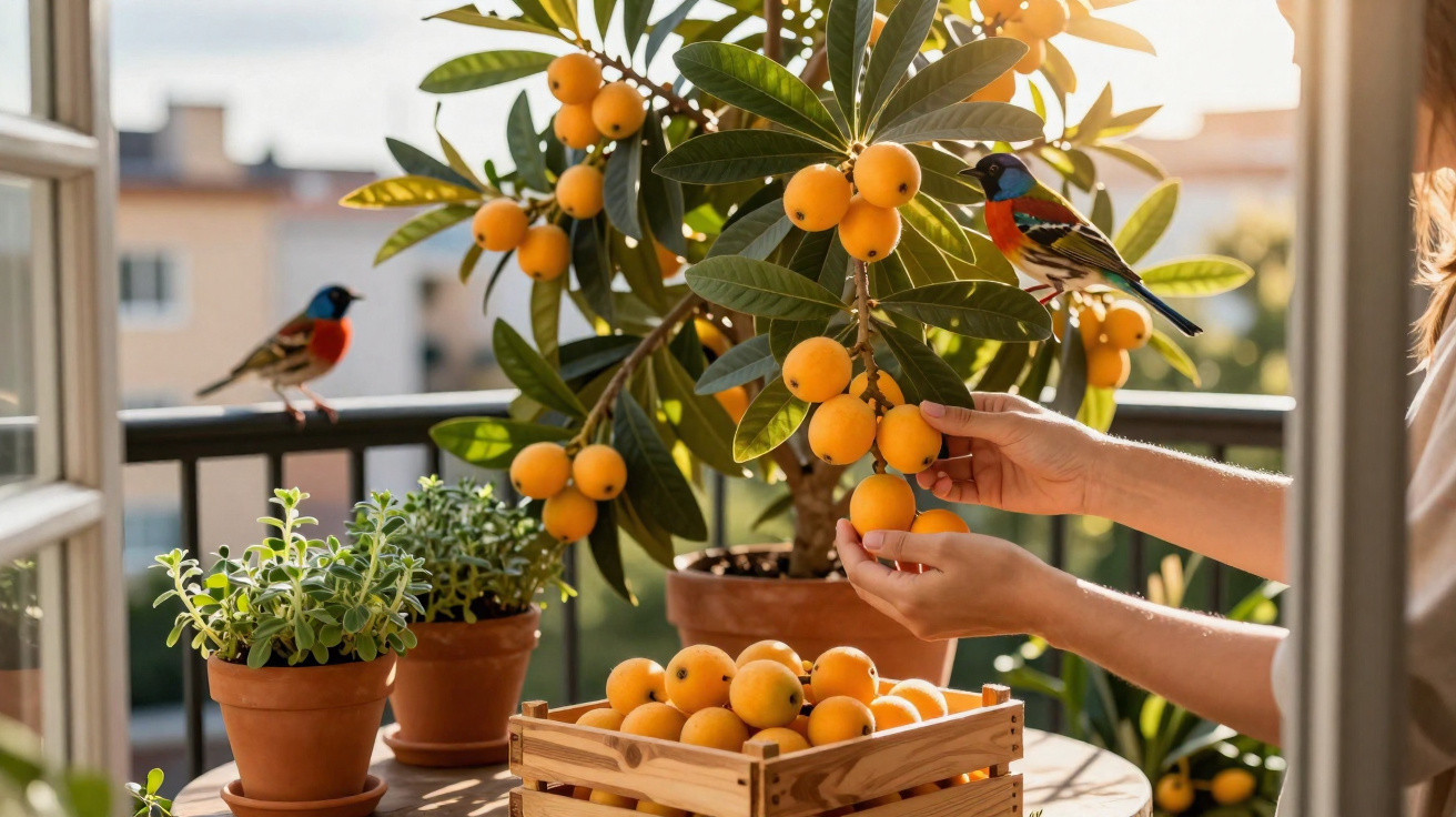 Pessoa colhendo frutas amarelas de árvore em vaso com pássaros coloridos em varanda ao entardecer.