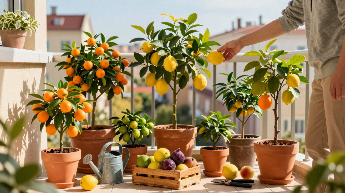 Varanda com vasos de plantas cítricas e frutas frescas, uma pessoa colhendo um limão.