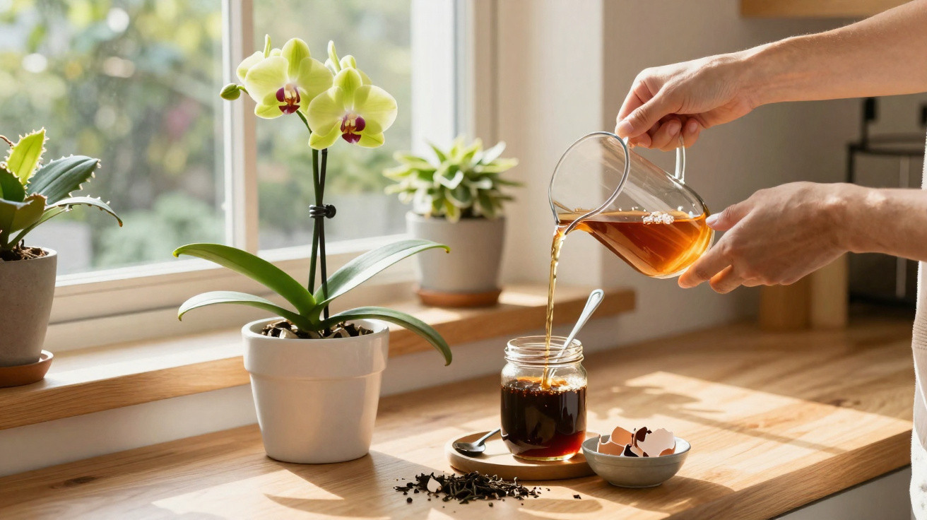 Pessoa derramando chá em pote de vidro em bancada com plantas em vasos junto à janela.