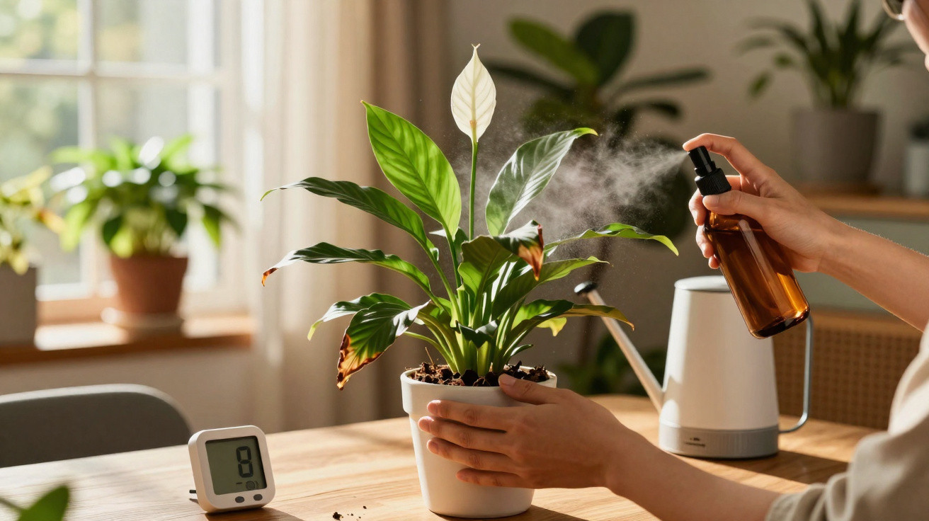 Mãos borrifando água em planta branca em vaso dentro de casa sobre mesa de madeira iluminada por janela.