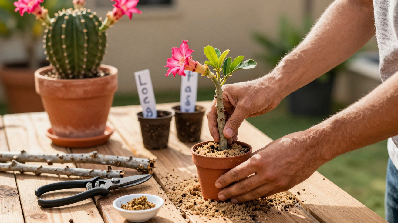 Mãos plantando rosa do deserto em vaso de barro em mesa de madeira ao ar livre.