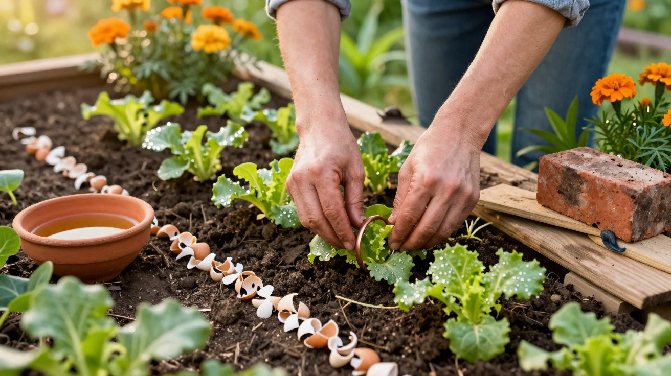 Pessoa plantando mudas em horta com terra, flores alaranjadas e cascas de ovos usadas como adubo.