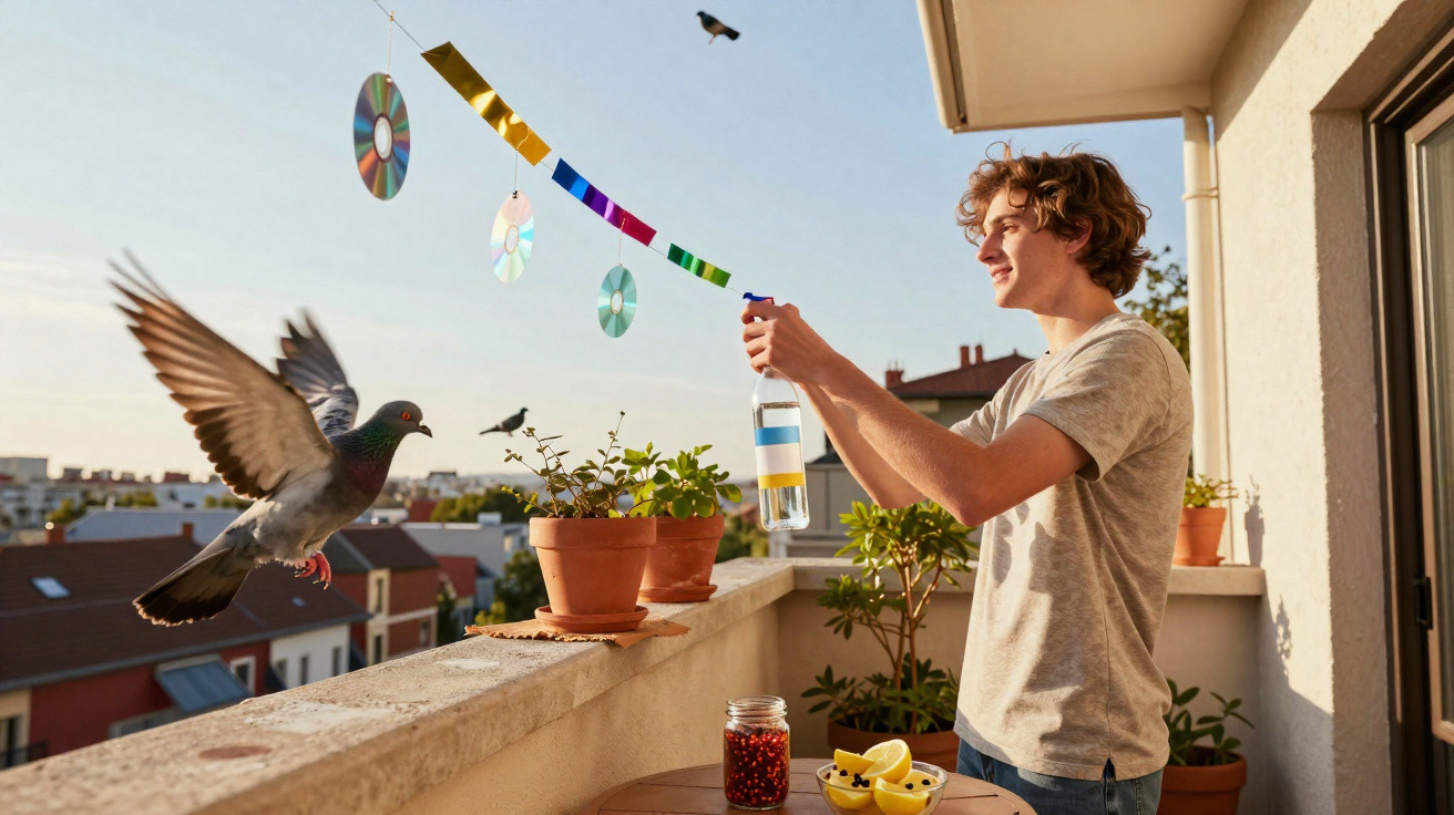 Jovem no terraço borrifando água em CDs pendurados para afastar pombos ao amanhecer.