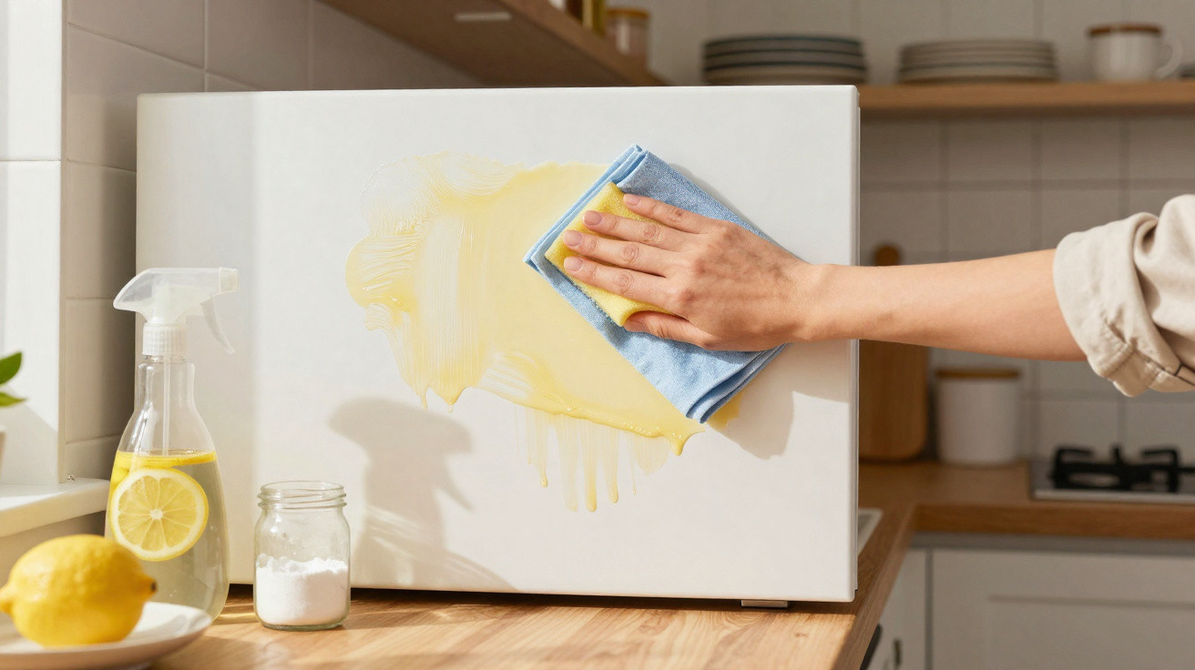 Pessoa limpando mancha amarela em aparelho branco com pano azul na cozinha.