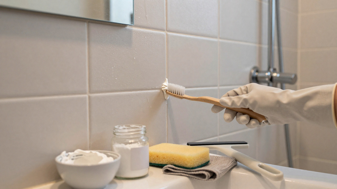 Pessoa com luva de borracha limpando rejunte de azulejo com escova de dentes em banheiro.