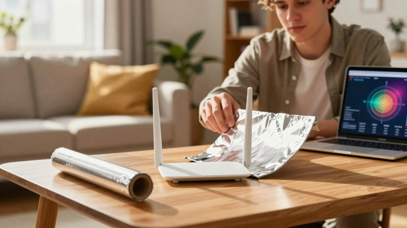Pessoa usando papel alumínio para envolver roteador Wi-Fi sobre mesa de madeira em ambiente doméstico.