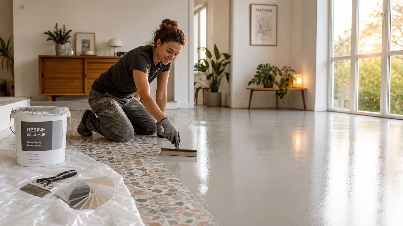 Mulher aplicando resina brilhante em piso decorativo de azulejo em sala iluminada e moderna.