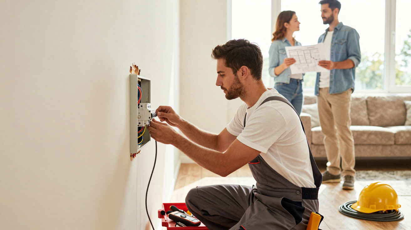 Eletricista ajusta quadro de luz enquanto casal conversa com planta da casa ao fundo.