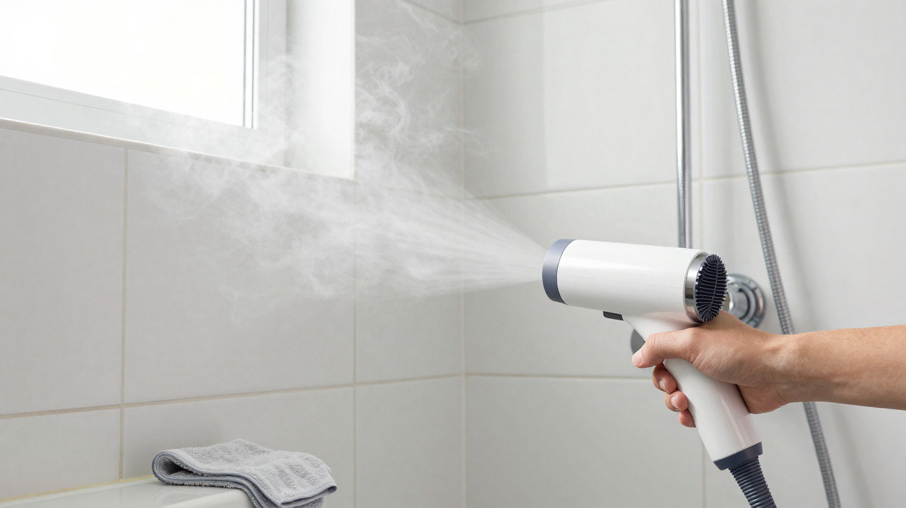 Pessoa segurando secador de cabelo branco ligado, emitindo vapor em banheiro com azulejos brancos.