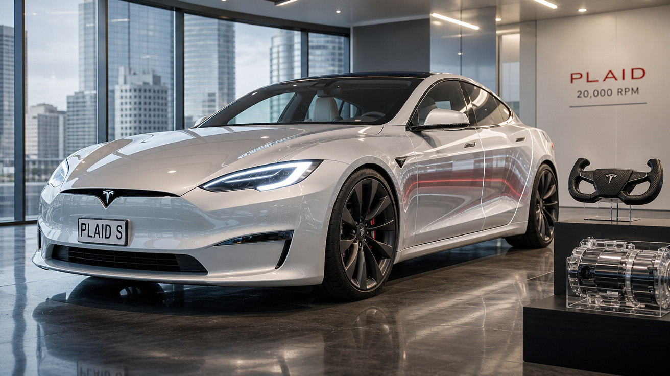 Carro elétrico Tesla Model S Plaid branco em showroom moderno com objetos expostos ao lado.