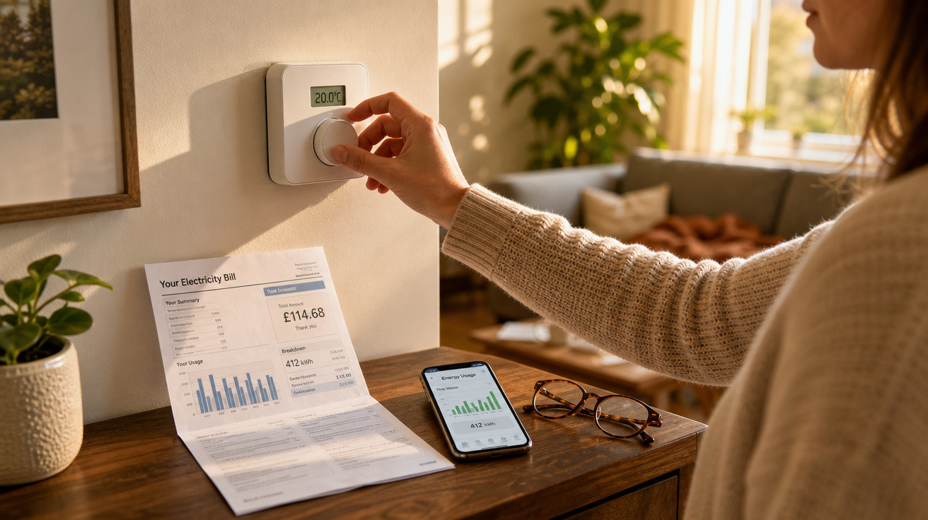 Pessoa ajusta termostato digital na parede com conta de eletricidade e celular exibindo consumo de energia sobre a mesa.