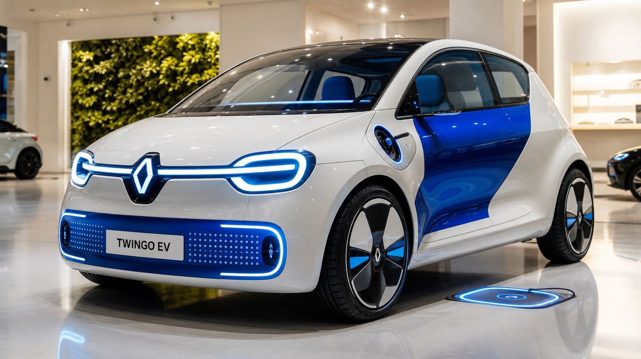 Carro elétrico Renault Twingo EV branco e azul com luzes de LED azul em showroom moderno.