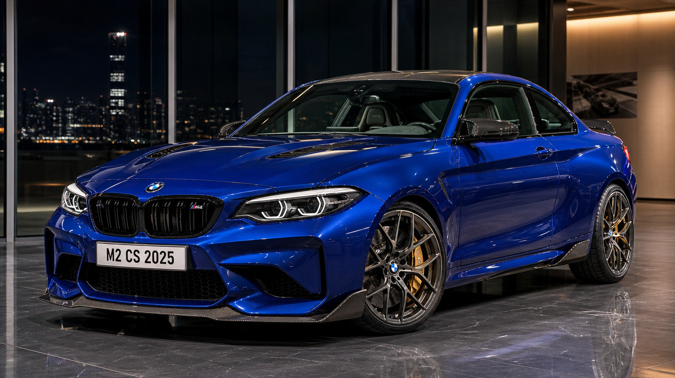 Carro esportivo BMW M2 CS 2025 azul exibido em showroom moderno à noite.