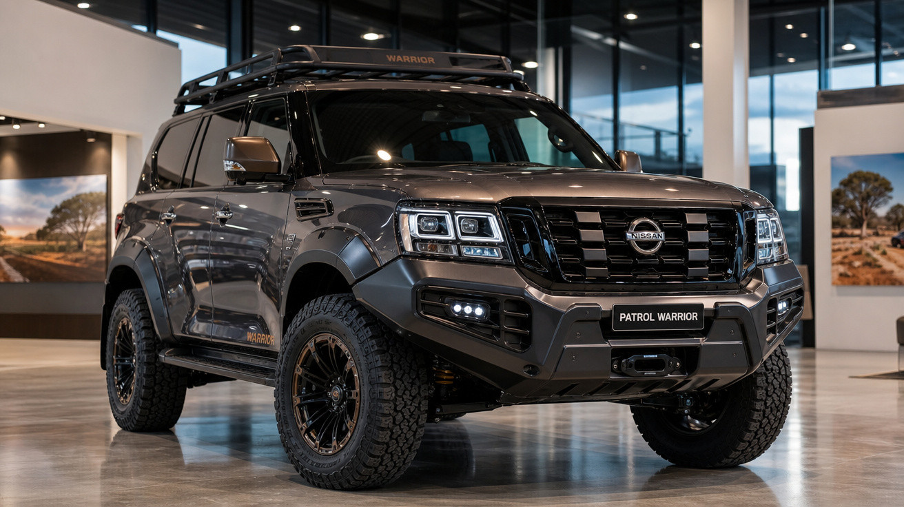 SUV Nissan Patrol Warrior cinza estacionada em showroom moderno com piso de cimento polido.