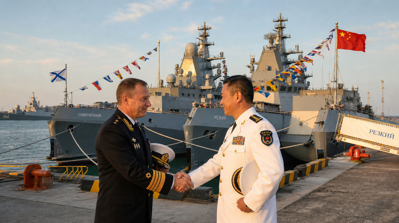 Dois oficiais navais, um da Rússia e outro da China, apertam as mãos em um cais com navios de guerra ao fundo.