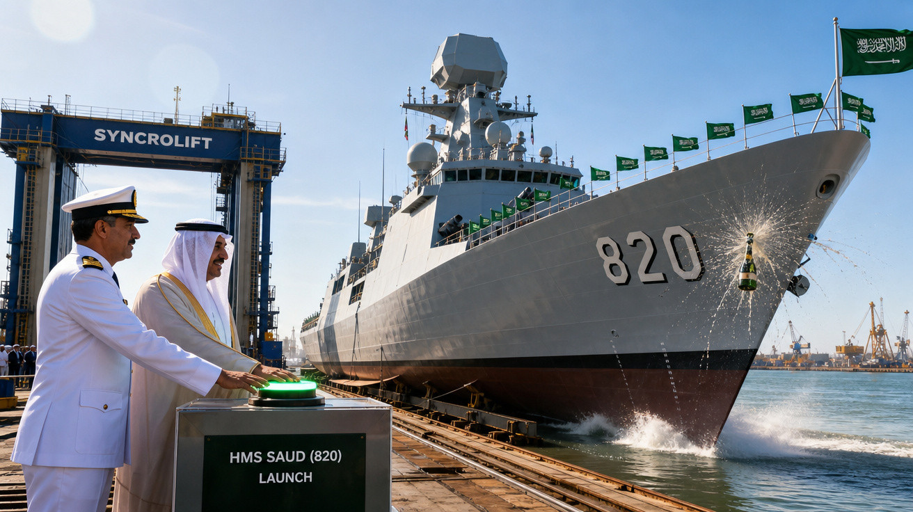 Lançamento do navio militar HMS Saud (820) com presença de oficiais e bandeiras da Arábia Saudita.