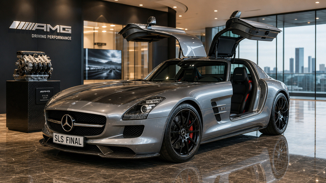 Carro esportivo Mercedes-Benz SLS AMG prata com portas asa de gaivota aberto em showroom moderno.
