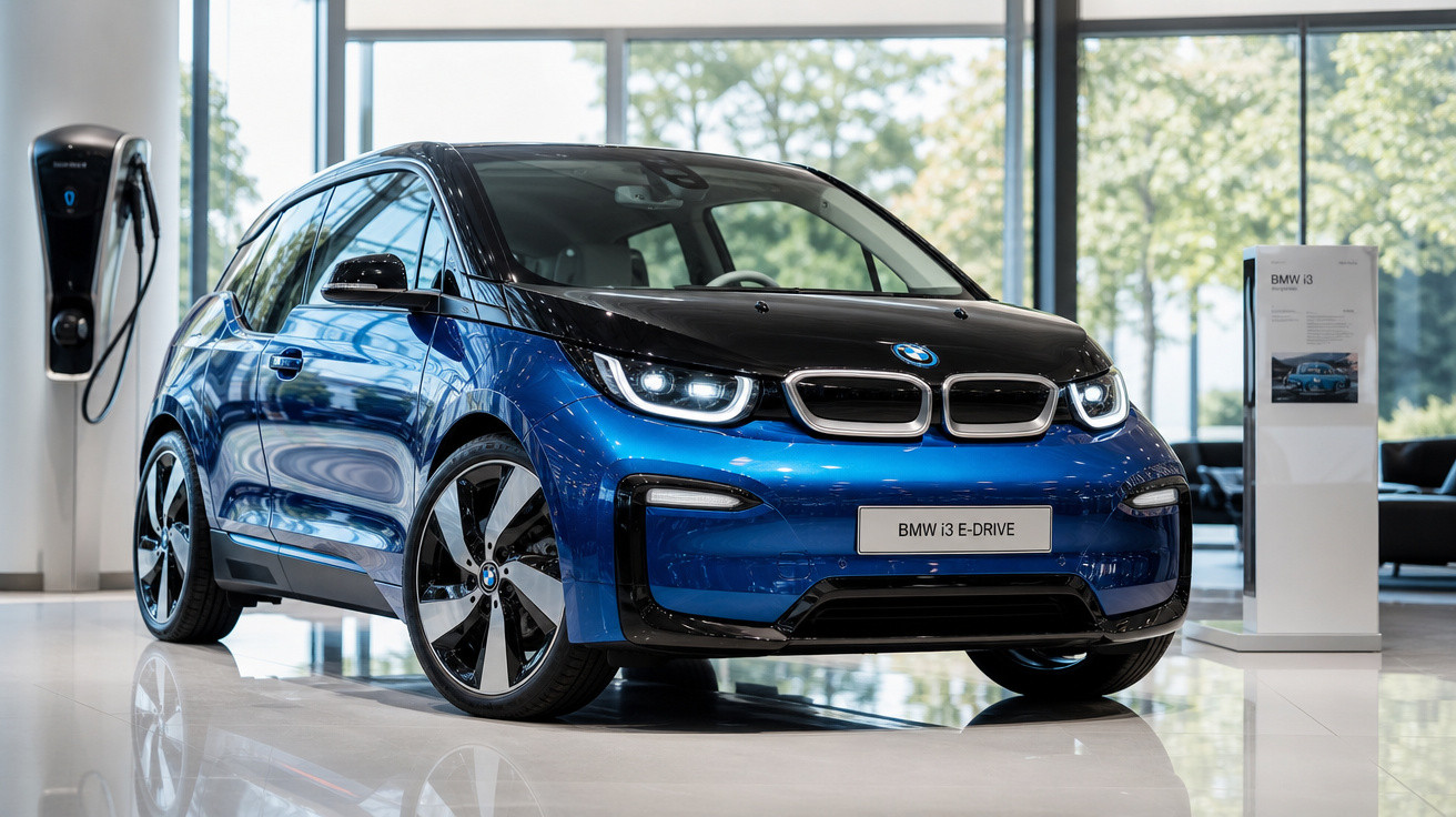Carro elétrico BMW i3 E-Drive azul em exposição interna com carregador ao fundo e placa informativa ao lado.