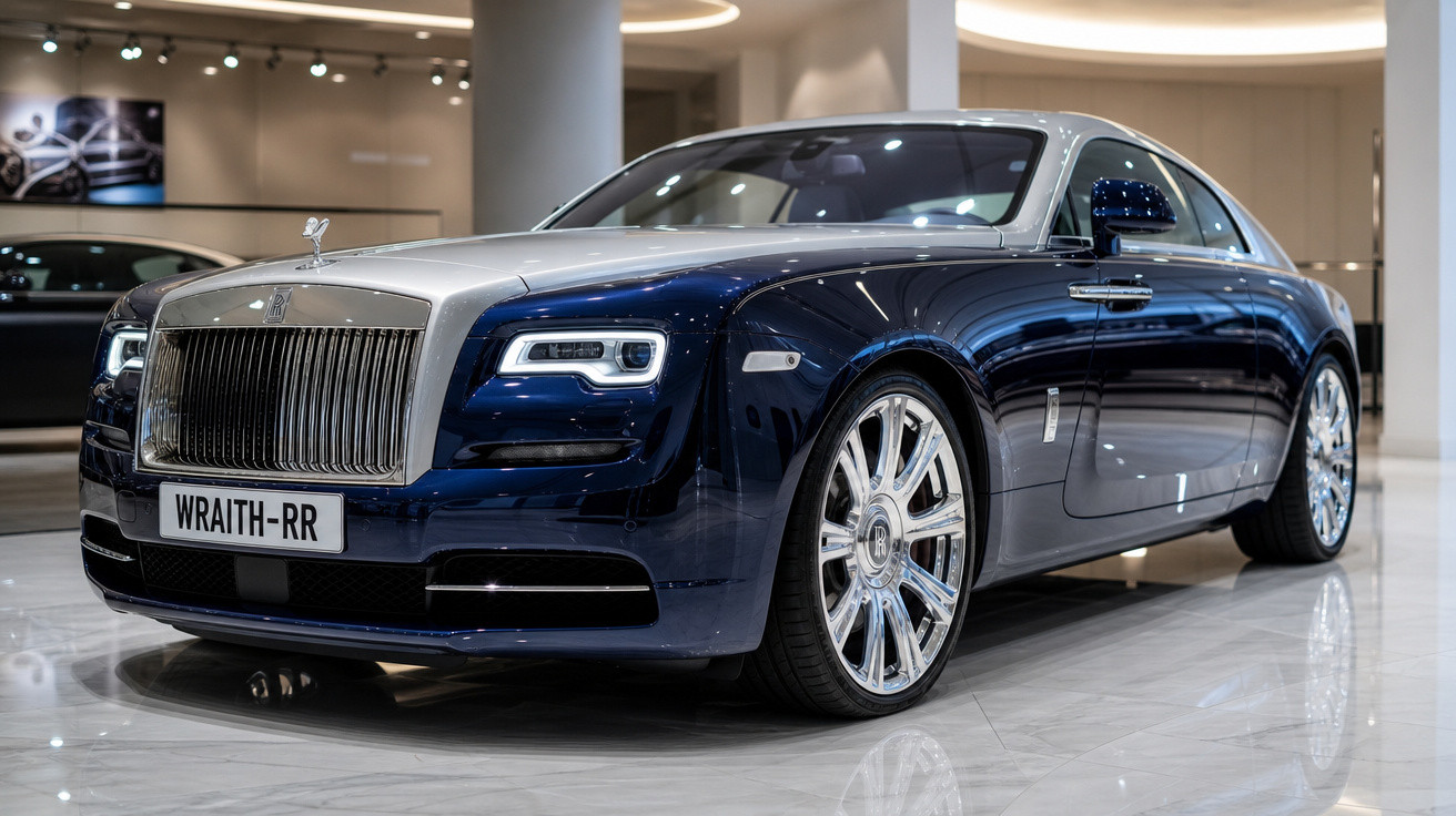 Carro de luxo Rolls-Royce Wraith RR azul e prata em showroom com piso branco brilhante.