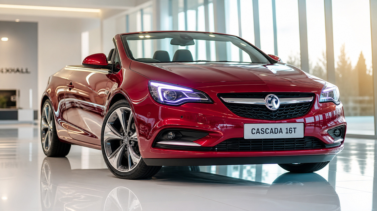 Carro conversível vermelho Vauxhall Cascada 16T exibido em showroom com luz natural.