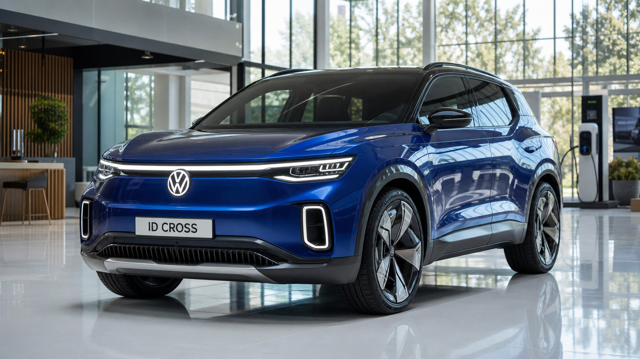 SUV elétrico Volkswagen ID Cross azul em showroom moderno com acabamento brilhante e rodas de liga leve.