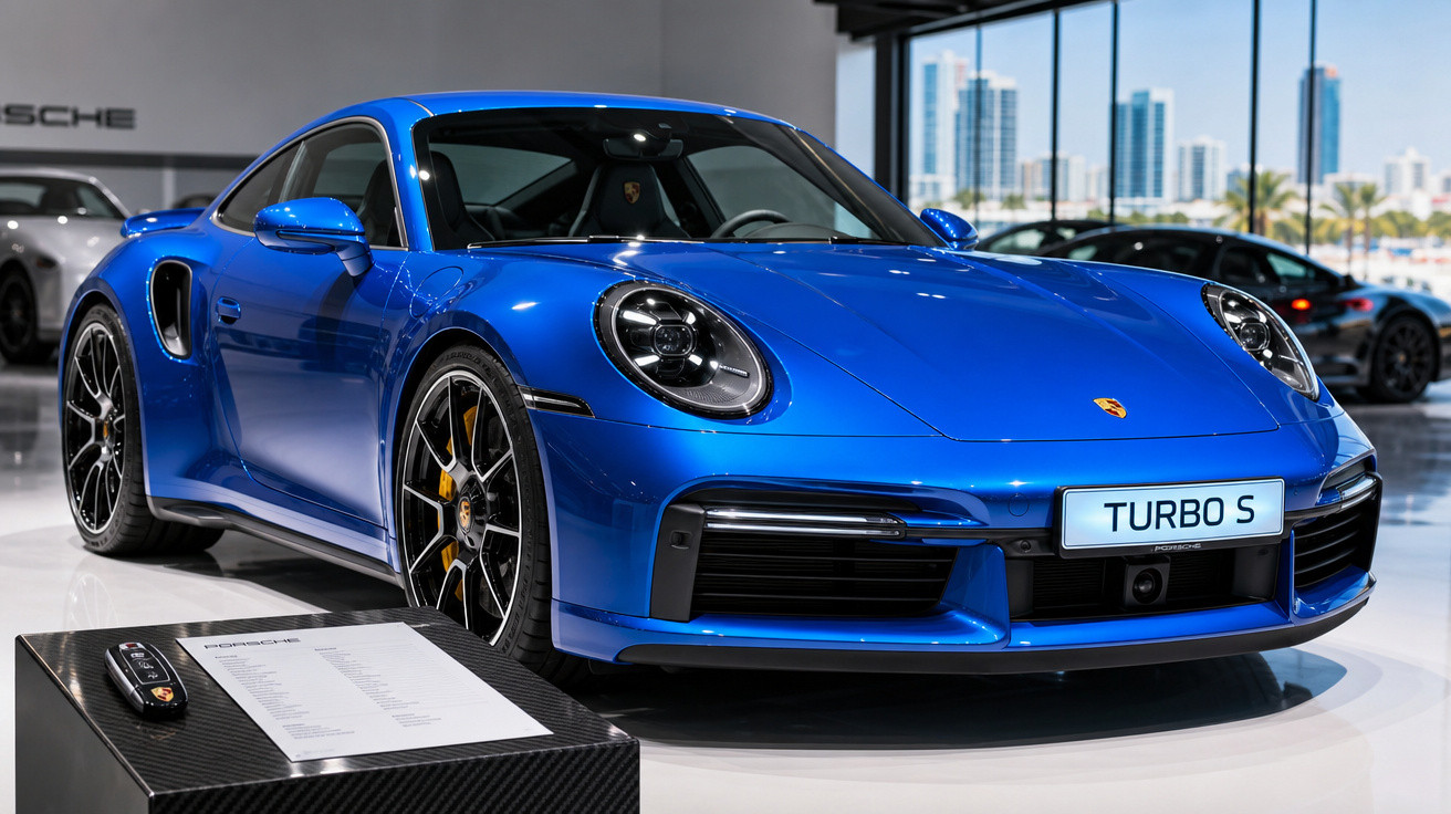 Carro esportivo Porsche Turbo S azul em exposição, com detalhes modernos e rodas pretas com amarelas.