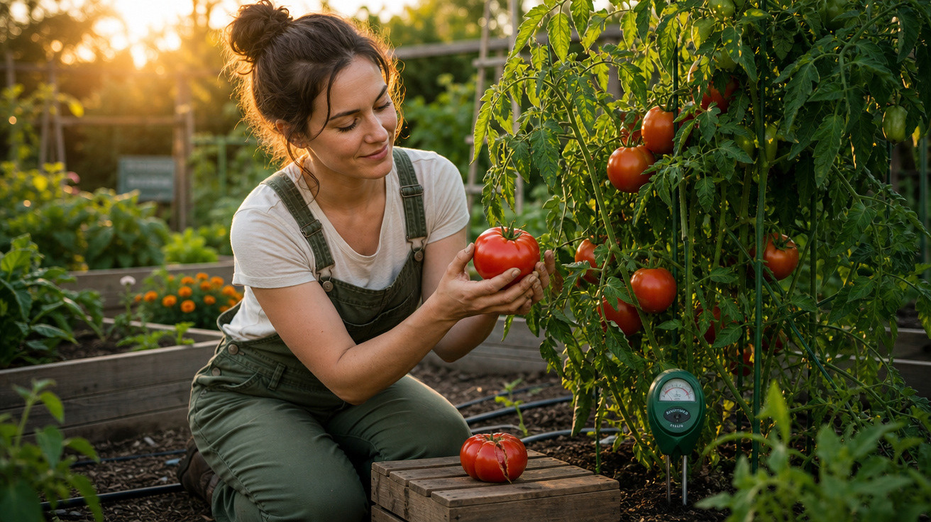 Mulher sorrindo colhendo tomate maduro em jardim com plantas e luz do sol ao fundo.