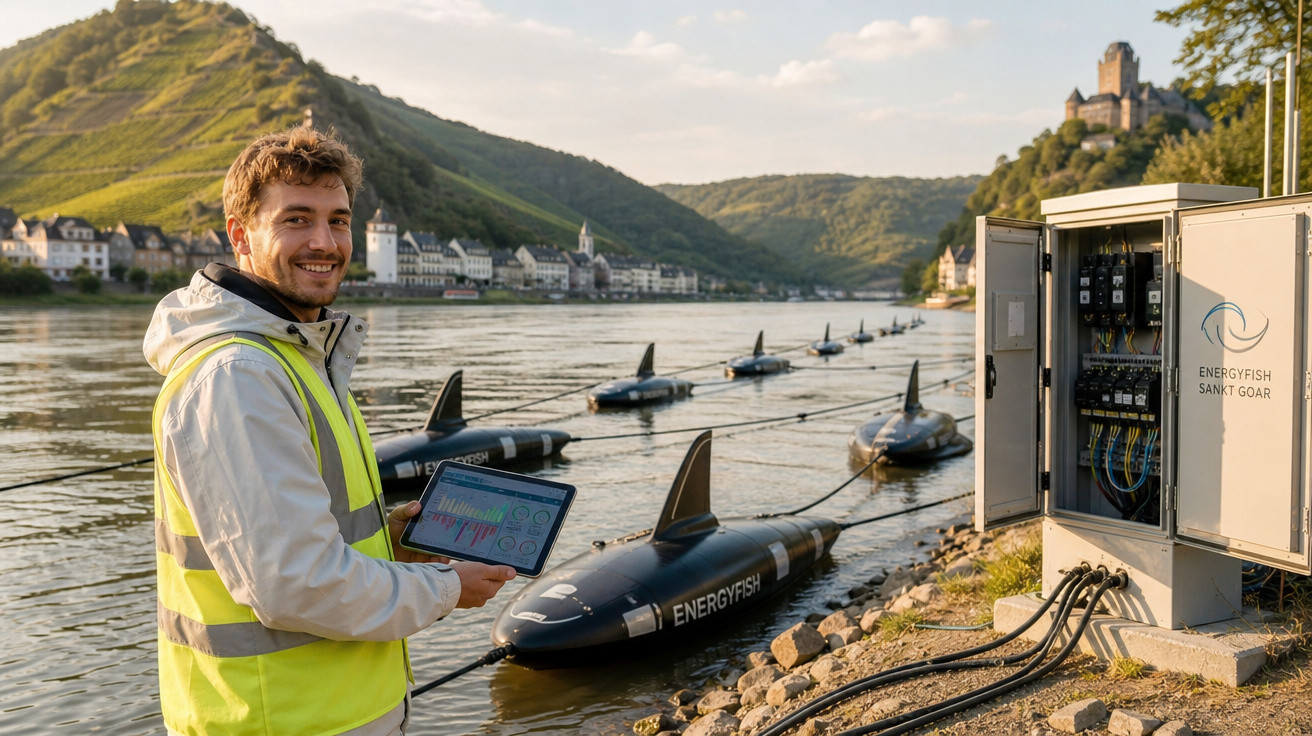 Homem com colete reflexivo segura tablet perto de dispositivos EnergyFish no rio com montanhas ao fundo.