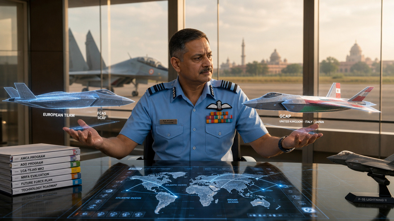 Homem de uniforme militar analisa modelos holográficos de aviões de combate em sala com mesa digital e mapas.