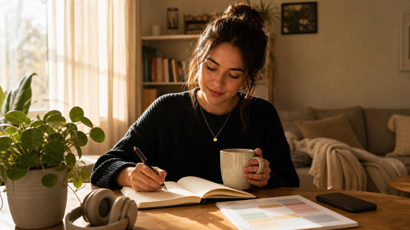 Mulher jovem escrevendo em caderno enquanto segura uma caneca, em ambiente aconchegante com planta e fones.