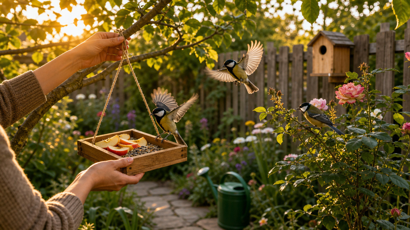 Pessoa alimenta pássaros com sementes e maçã em um jardim florido ao pôr do sol.
