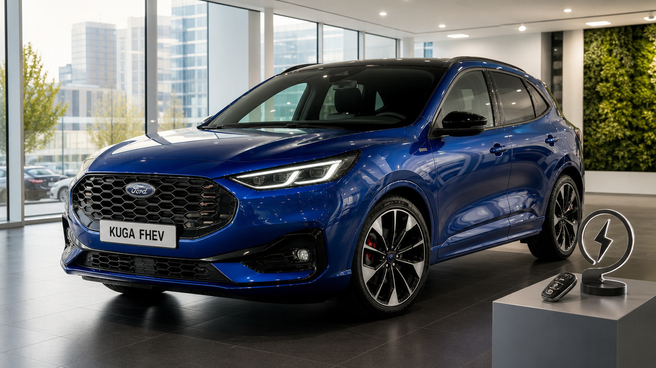 SUV azul Ford Kuga FHEV em showroom moderno com controles e símbolo de eletricidade à frente.