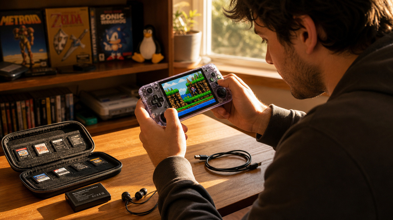 Homem jogando videogame portátil transparente em mesa de madeira com acessórios e jogos ao fundo.