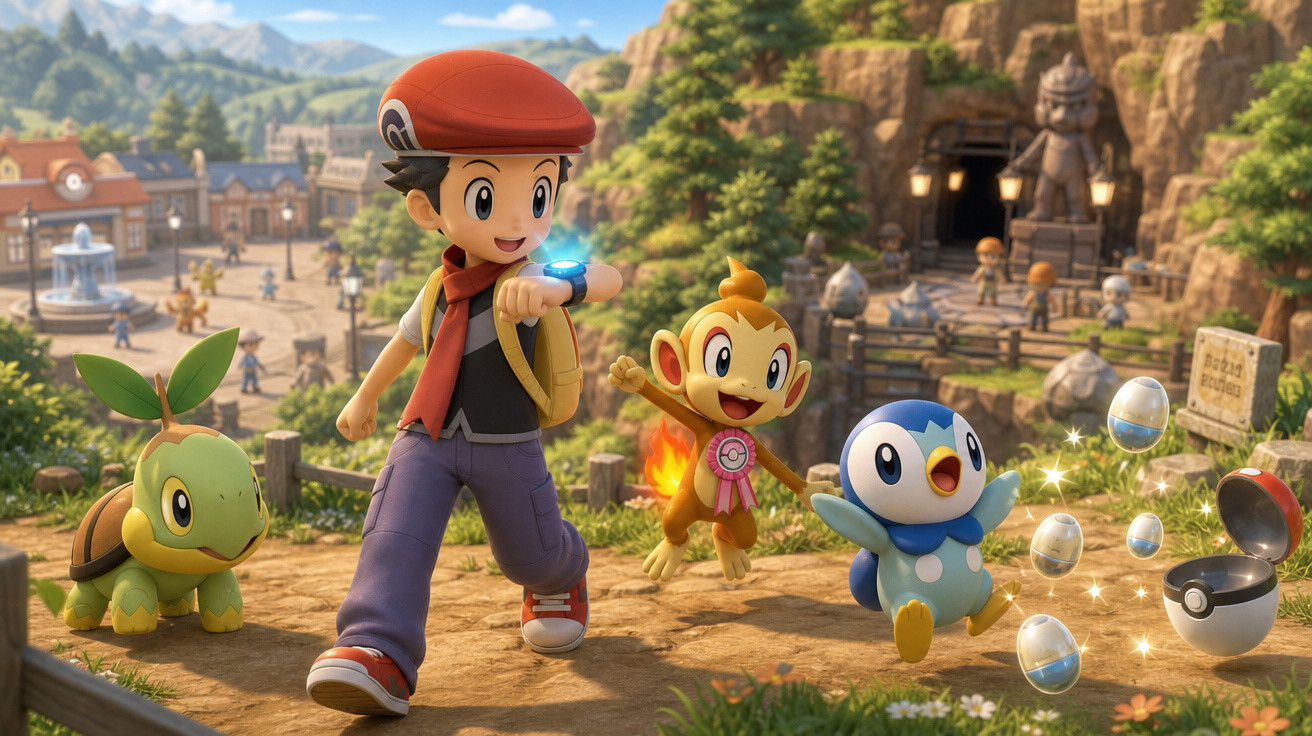 Garoto com boné vermelho e três Pokémon animados em trilha rural com vilarejo ao fundo.