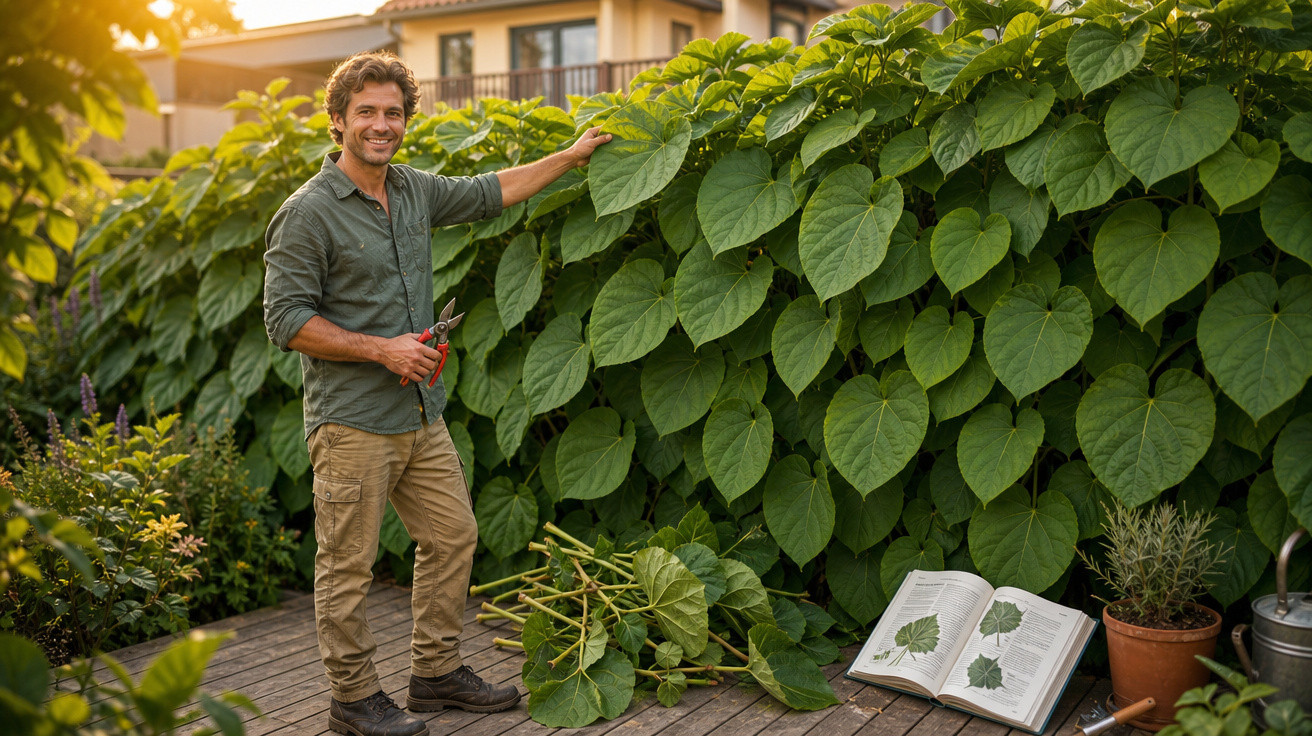 Homem sorridente cuidando de planta grande em jardim com livro aberto e regador ao lado.