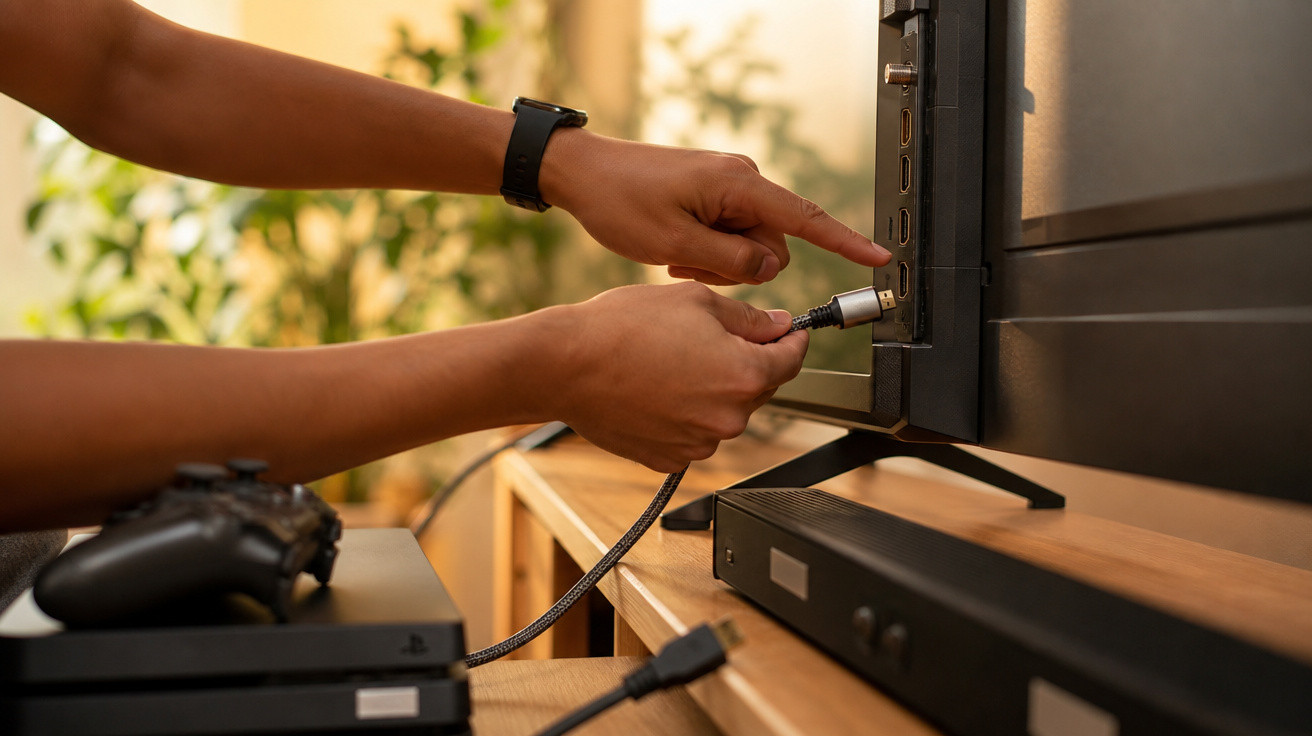 Mãos conectando cabo HDMI em TV, console de videogame e controle sobre móvel de madeira.