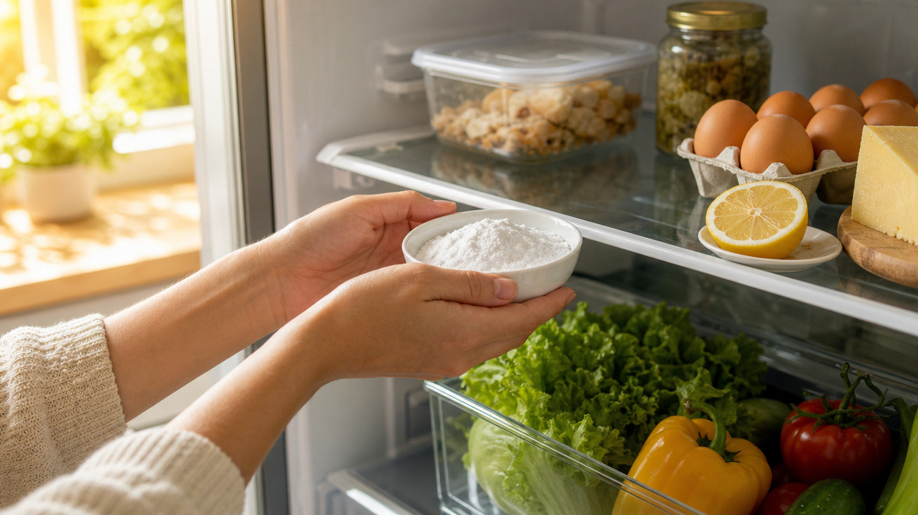 Mãos segurando tigela com pó branco perto de alimentos frescos dentro de geladeira aberta.