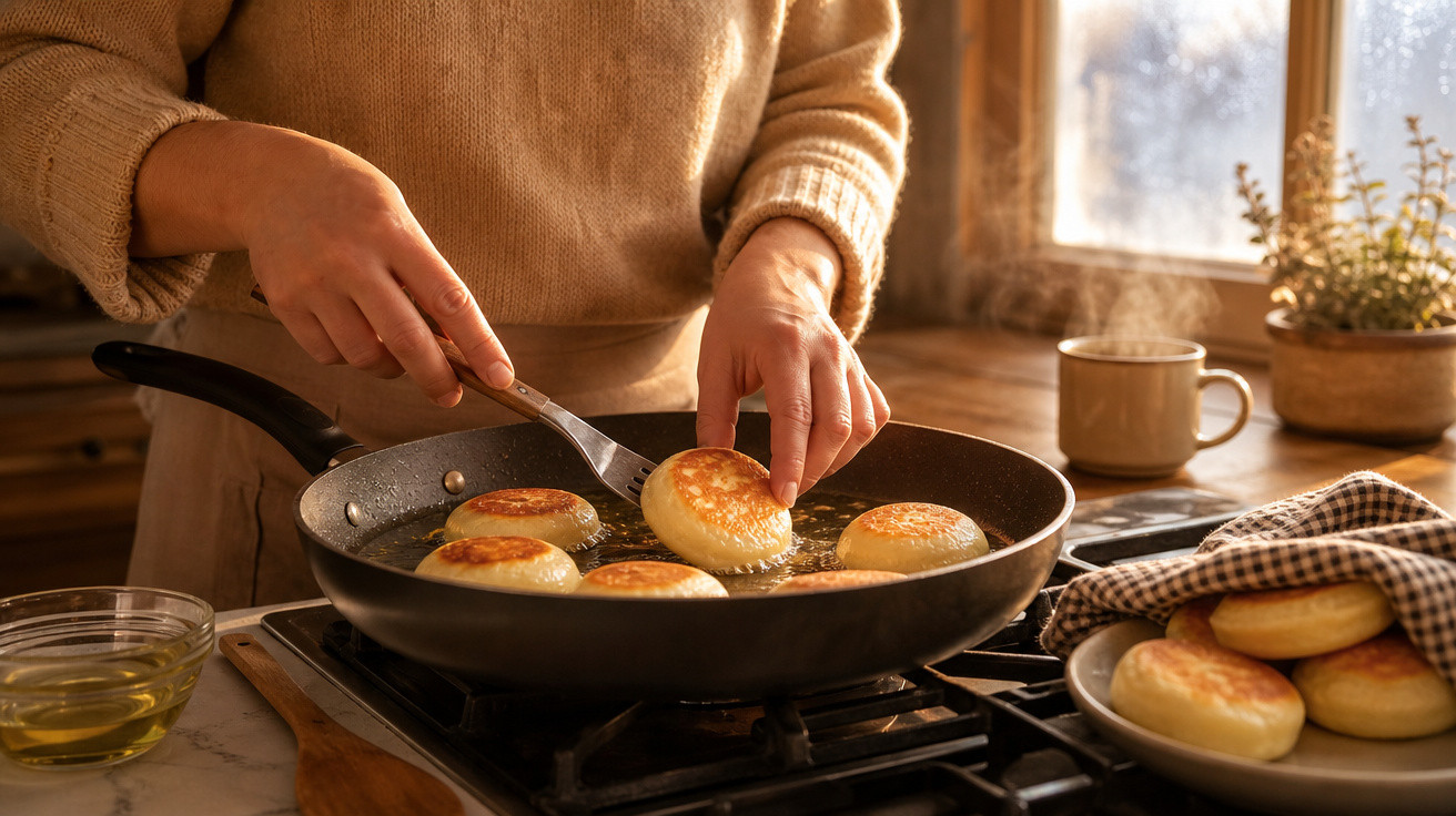Pessoa virando pães dourados em frigideira, em cozinha aconchegante com janela ao fundo.