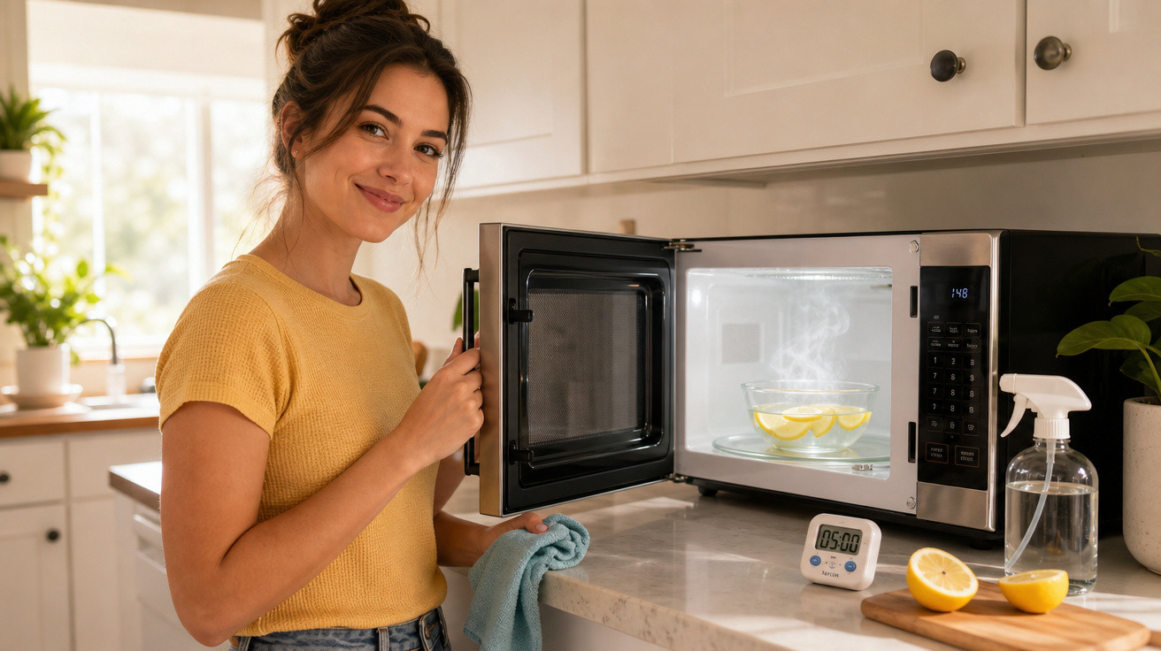 Mulher sorridente segura a porta do micro-ondas aberto com tigela fumegante e rodelas de limão na cozinha.