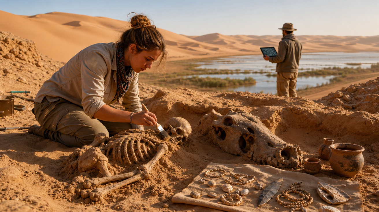 Mulher arqueóloga limpa esqueleto humano no deserto enquanto homem usa tablet próximo a lagoa.